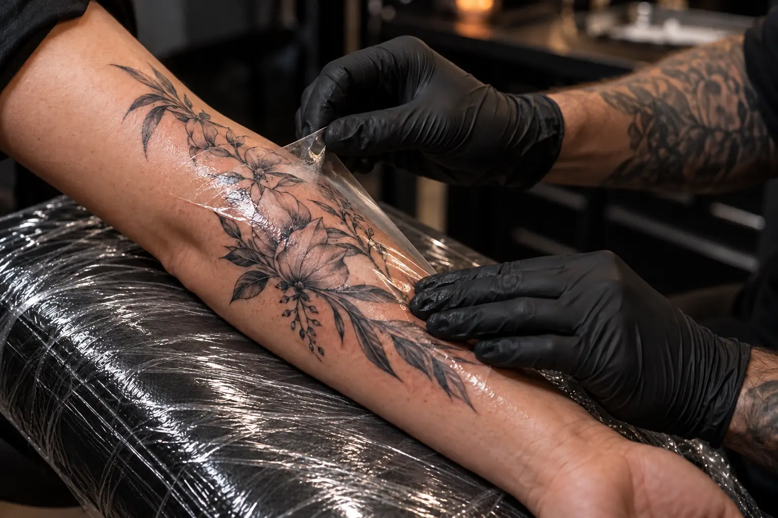 Tattoo artist in black gloves applying transparent protective film over a new tattoo